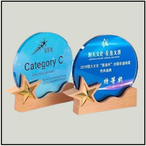 Round Crystal Trophy With Wooden Star Base